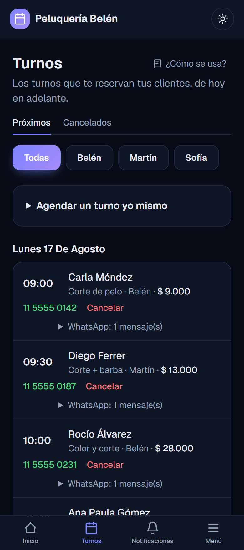 El panel del negocio en el celular, con los turnos del día