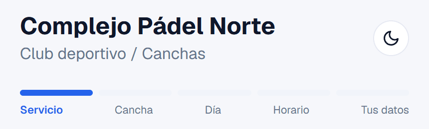 Encabezado de la página de reservas de un complejo de pádel: los pasos dicen Servicio, Cancha, Día, Horario y Tus datos