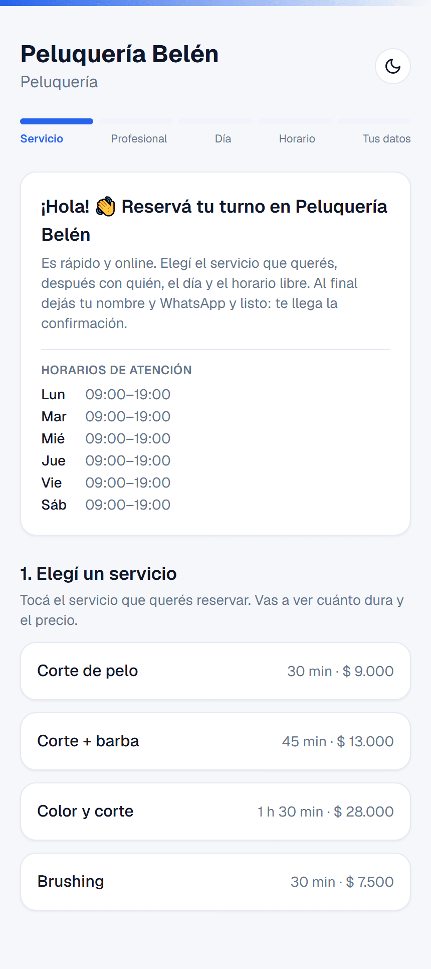 La página de reservas que ve el cliente, con los servicios y sus precios