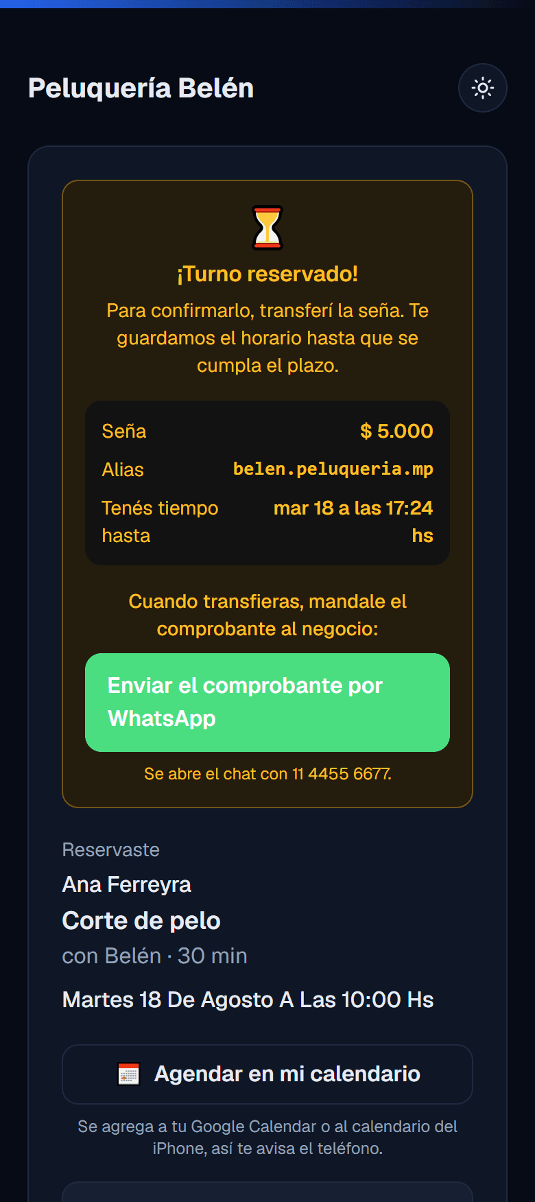 Pantalla del turno reservado: seña de $5.000, alias del negocio y plazo para transferir