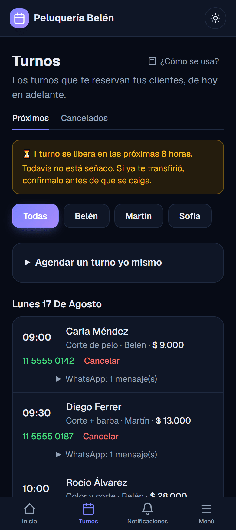 Panel de turnos con un turno marcado "falta la seña" y el botón Confirmar seña