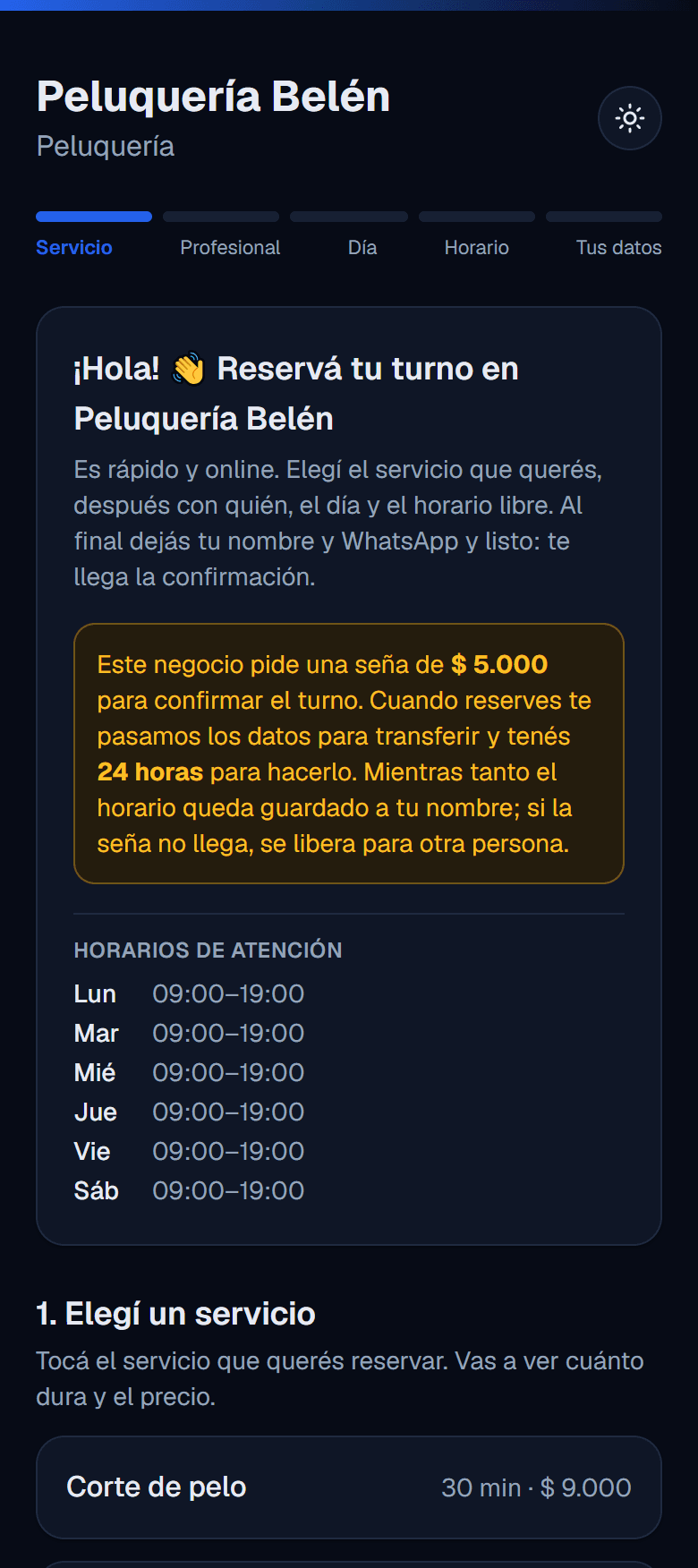 Página de reservas con el aviso de que se pide una seña de $5.000 por transferencia y que hay 24 h para transferir